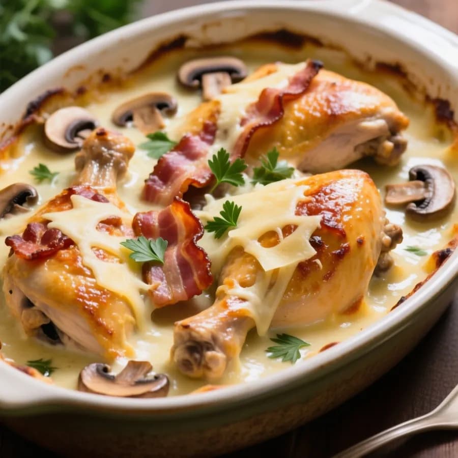 Festlig kycklinggratäng med bacon, svamp och parmesan