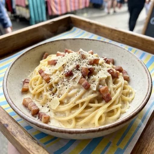 Krämig pasta carbonara med knaperstekt bacon och parmesan