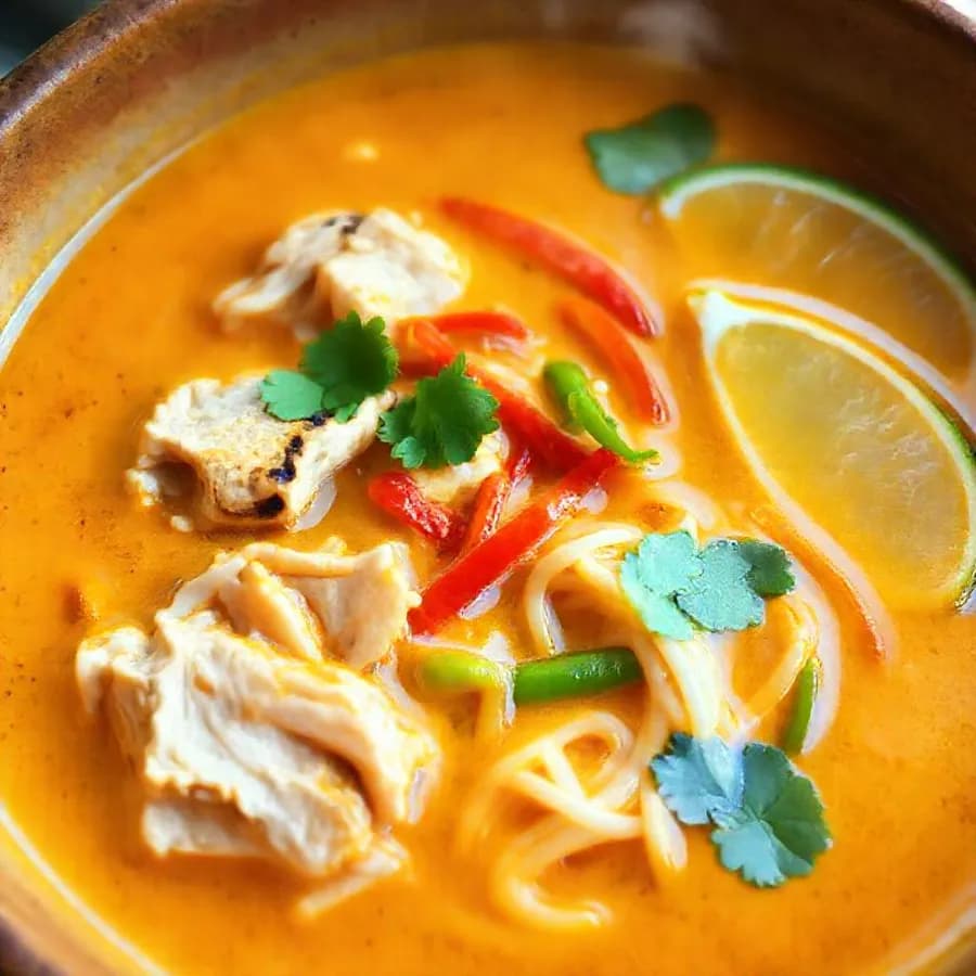 One pot kycklingnudelsoppa med curry och kokos