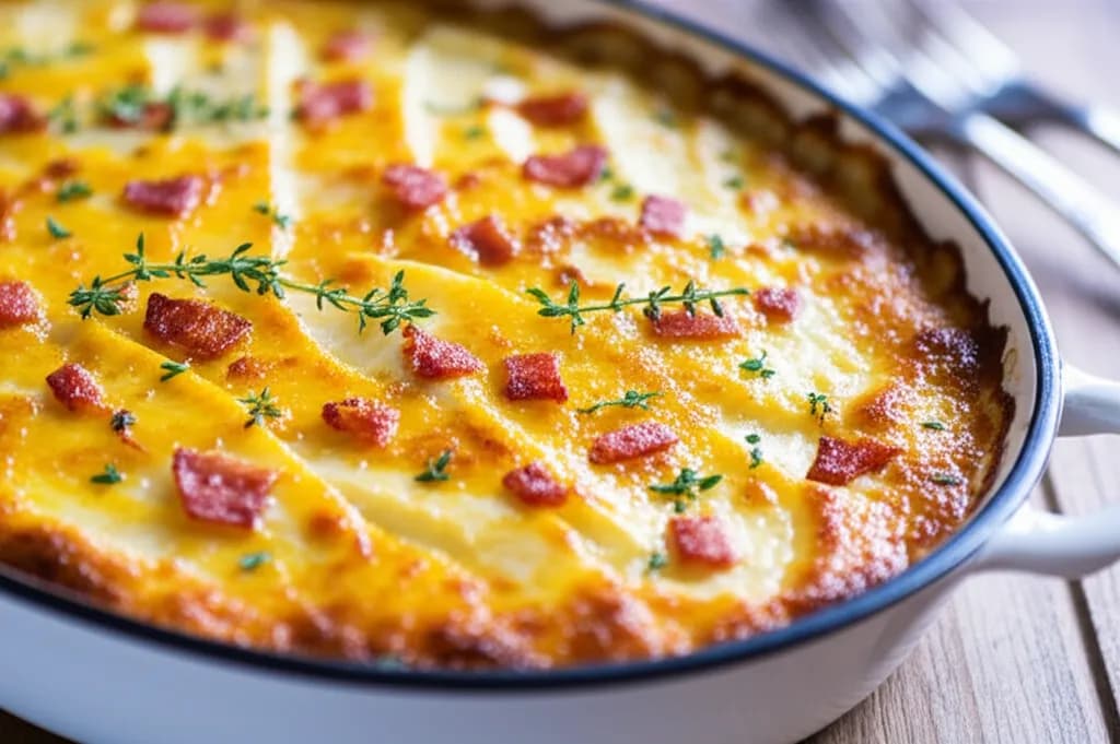 Kyckling- och bacongratäng med smak av dijonsenap