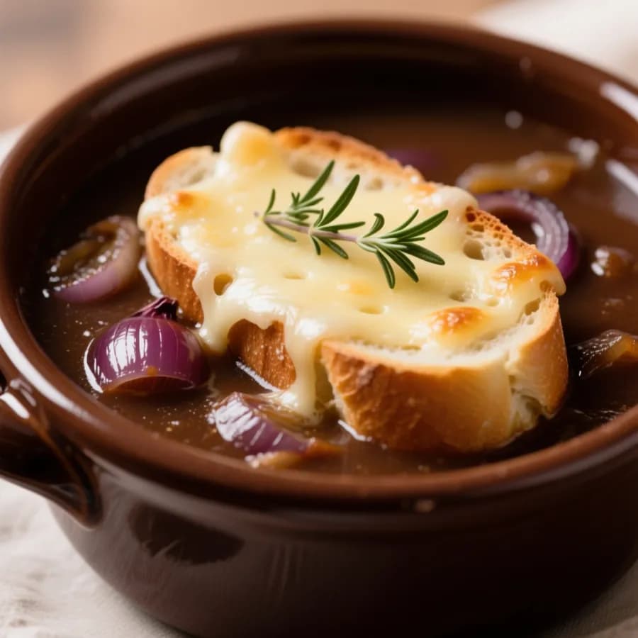 Lyxig fransk löksoppa med gratinerat bröd