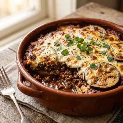 Grekisk köttfärsgratäng med krämig fetaost och aubergine