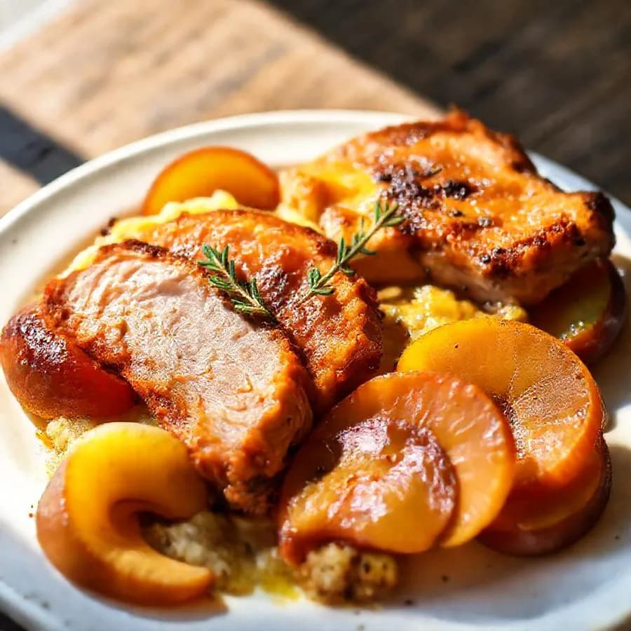 Krispig fläskkarré med karamelliserat äpple och potatisgratäng