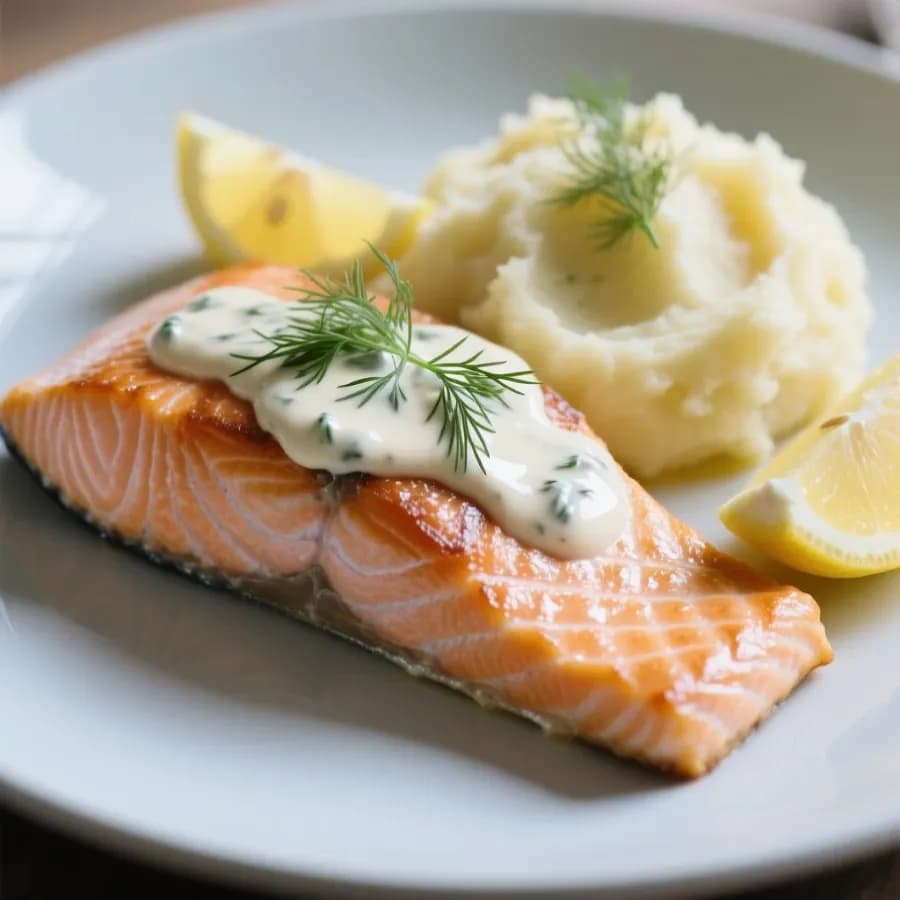 Ugnsbakad lax med dillfräsch topping och potatispuré