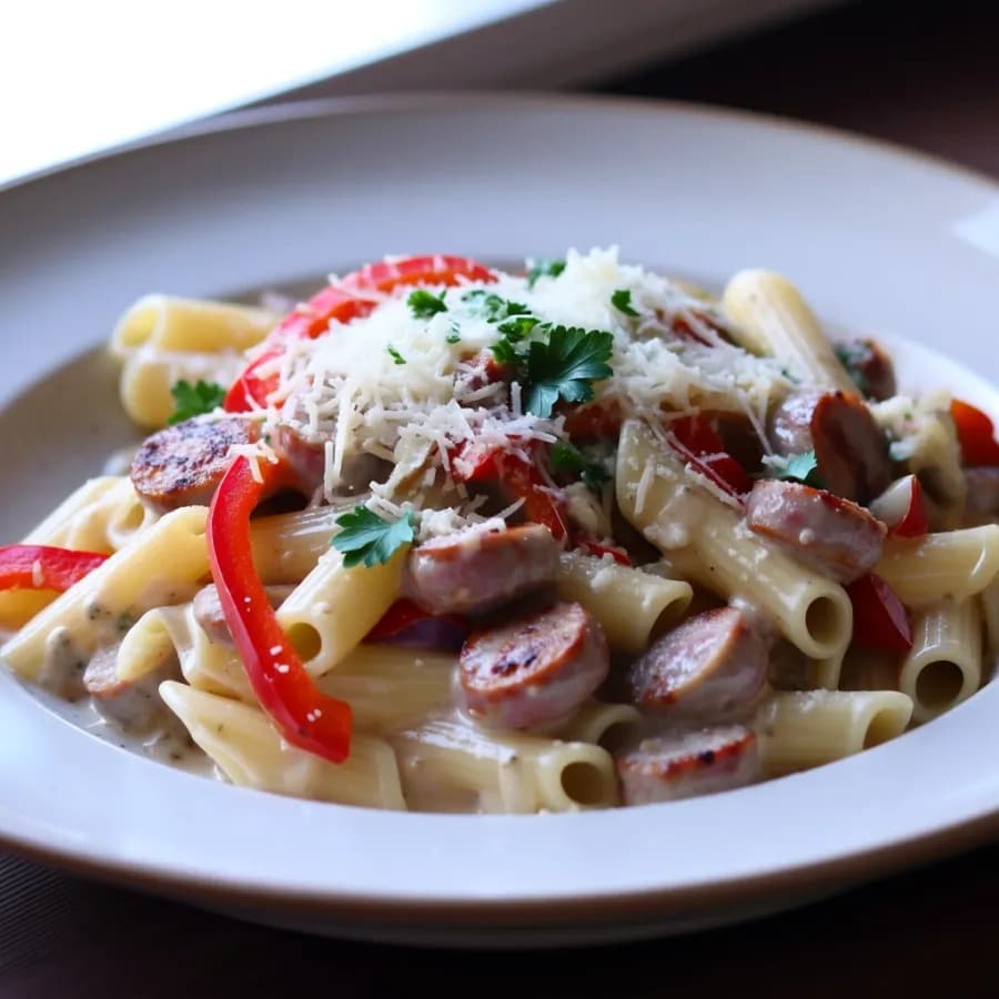 Krämig korvpasta med paprika och parmesan