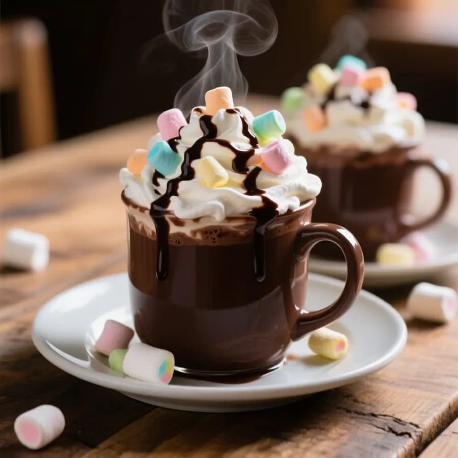 Varm choklad deluxe med vispad grädde och marshmallows
