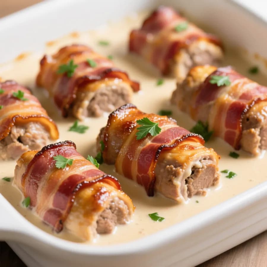 Smakrika nötfärs- och baconrullader med gräddsås