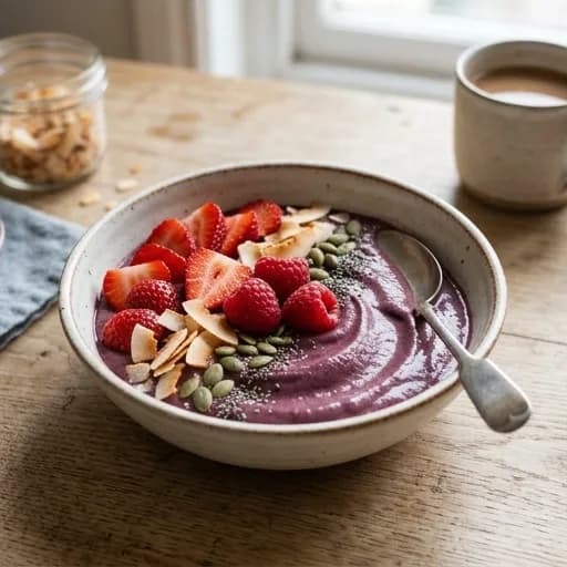 Acaibowl med krämig yoghurt, färska bär och rostad kokos