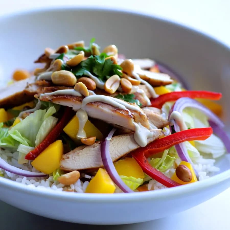 Kryddig kycklingsallad med kokosdressing och mango
