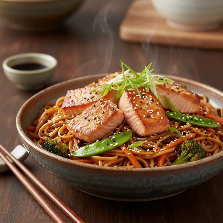 Asiatisk nudelwok med ingefärslax