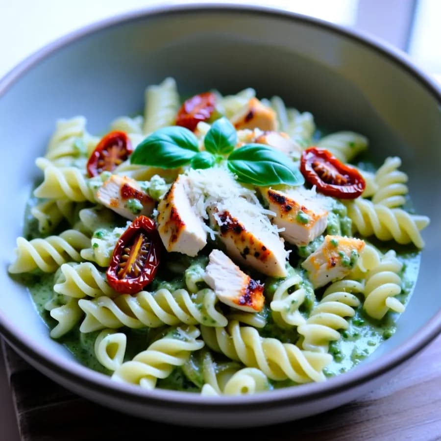 Krämig pestopasta med soltorkade tomater