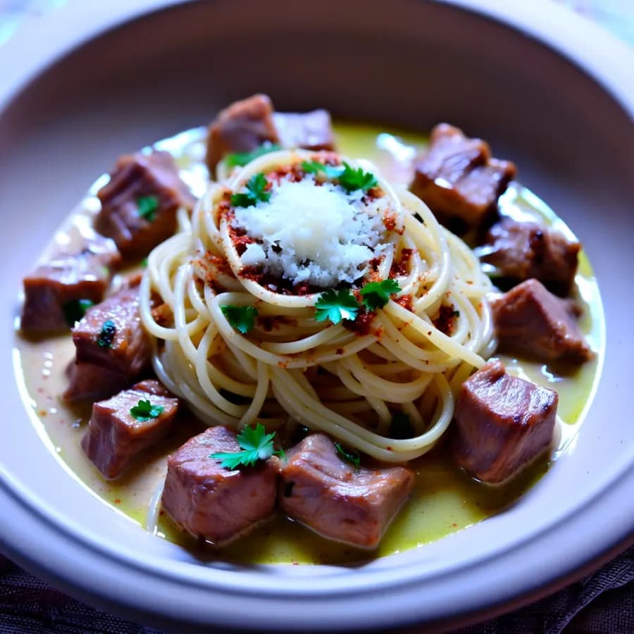 Krämig fläskragu med pasta al ajillo, spansk touch