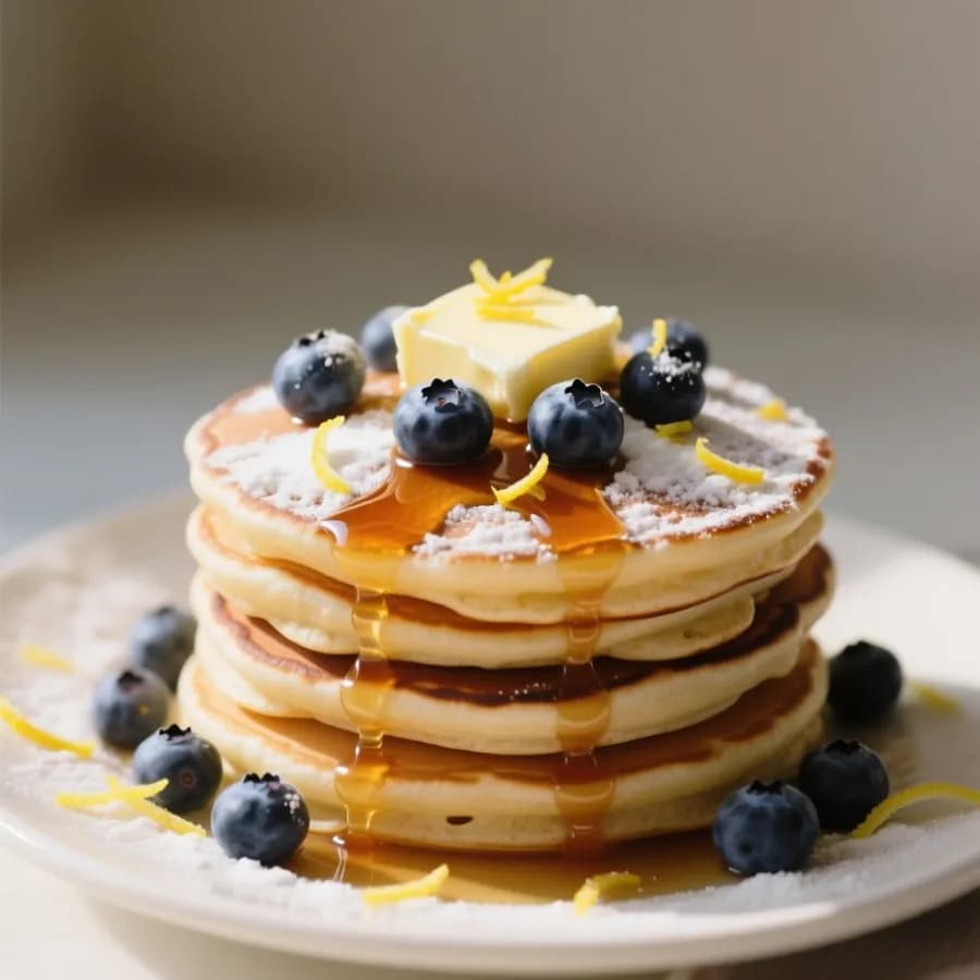 Luftiga amerikanska pannkakor med blåbär och citron