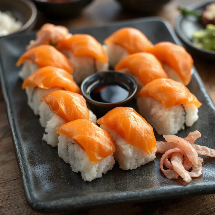 Klassiska nigiri med färsk lax och japansk vinägeris