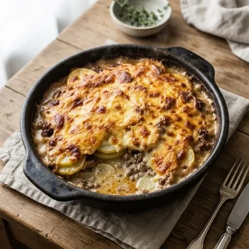 Ugnsbakad potatisgratäng med kryddig köttfärs och lagrad ost