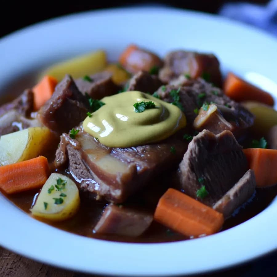 Slowcookergryta med picnicbog, potatis och senapssås