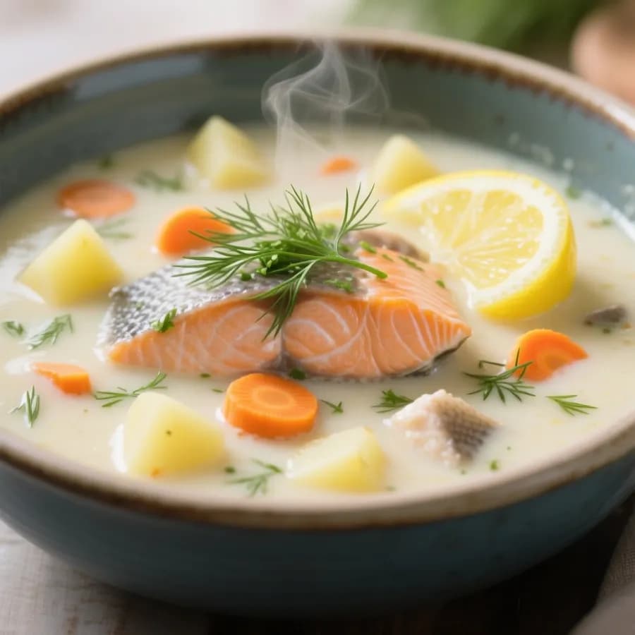 Lax- och sejsoppa med dill och citron