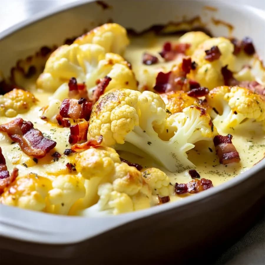 Krämig örtgratäng med blomkål, bacon och extra sting