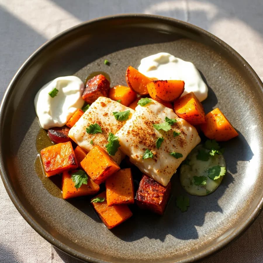 Ugnsbakad fisk med berberkryddad sötpotatis