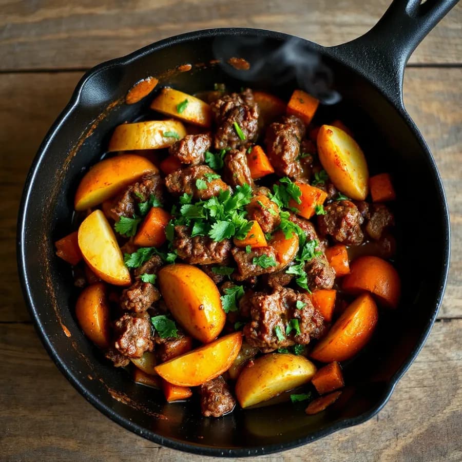 Rustik köttfärspanna med rostad potatis och örter