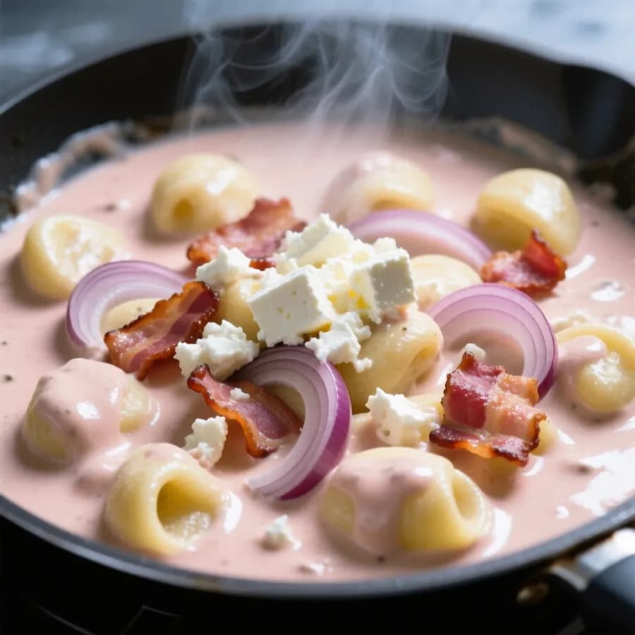 Snabblagad gnocchipanna med bacon och tomatörter