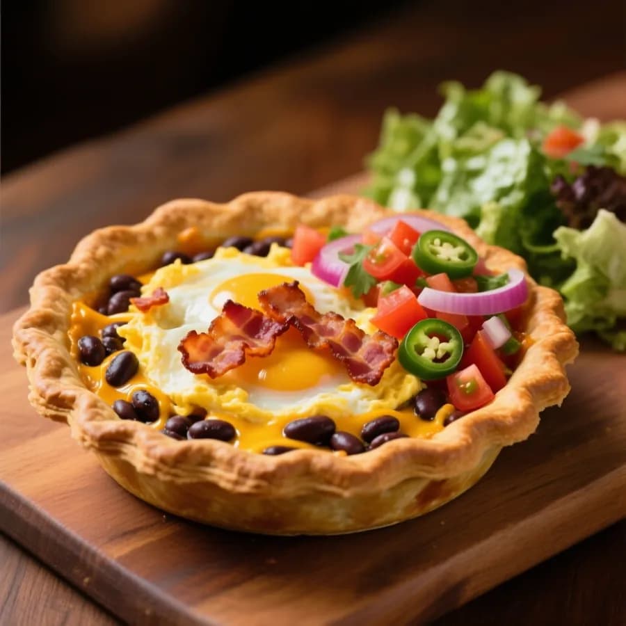 Texmex-paj med ägg, bönor och salsa