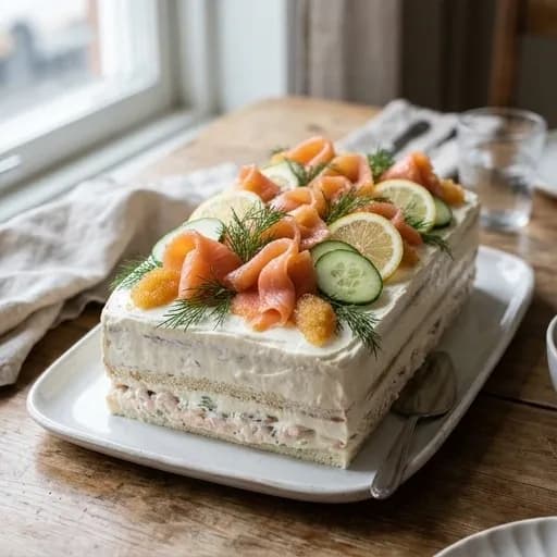 Festlig smörgåstårta med klassisk skagenröra och kallrökt lax