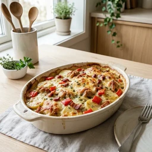 Fransk kyckling och bacongratäng med paprika och örter - enkelt recept från MatVeckan