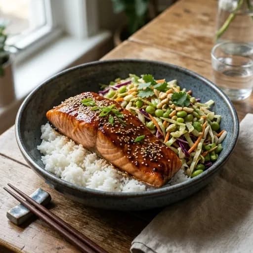 Ugnsbakad lax med teriyakiglasyr och krispig asiatisk kålsallad - enkelt recept från MatVeckan