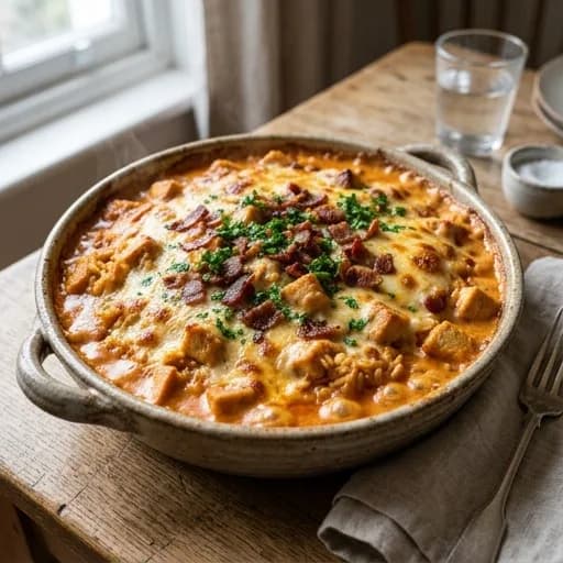 Kryddig kyckling- och risgratäng med bacon och smakrik paprikasås - enkelt recept från MatVeckan