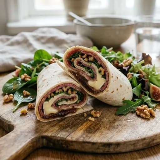 Tunnbrödsrulle med salami, brie och lyxig fikonmarmelad - enkelt recept från MatVeckan
