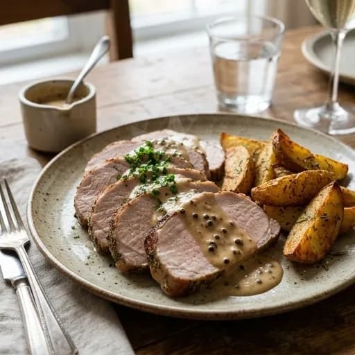 Ugnsstekt fläskytterfilé med krämig pepparsås och klyftpotatis - enkelt recept från MatVeckan
