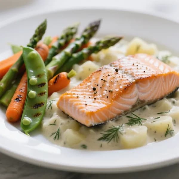 Laxfilé med stuvad potatis och säsongens grönsaker - enkelt recept från MatVeckan