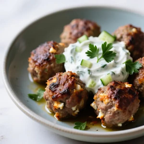 Färsbiffar med feta, serverade med tzatziki - enkelt recept från MatVeckan