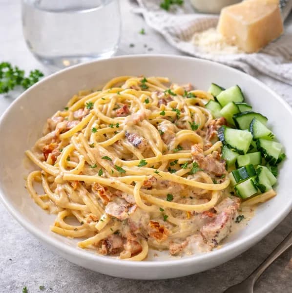 Spaghetti med krämig crème fraîche, brie, stekt bacon och soltorkade tomater - enkelt recept från MatVeckan