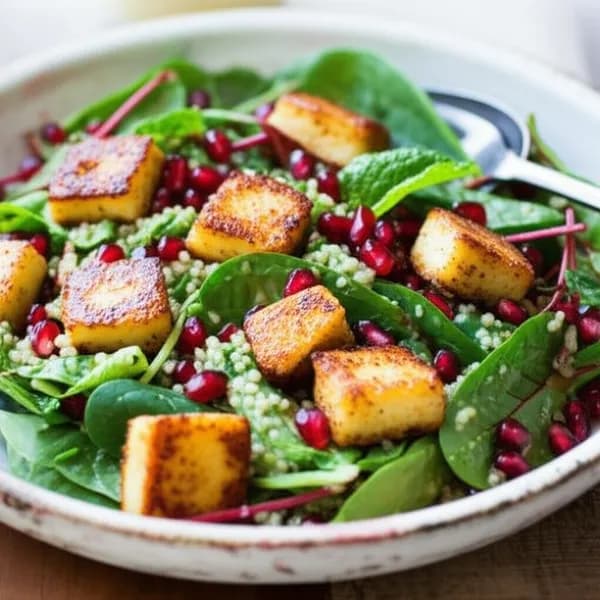 Ljummen quinoasallad med halloumi och granatäpple - enkelt recept från MatVeckan