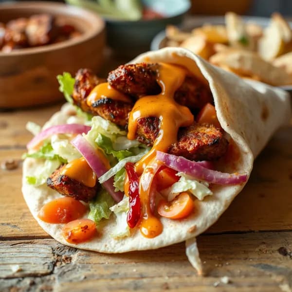 Vegetarisk kebabrulle med kryddig vitlökssås och picklad rödlök - enkelt recept från MatVeckan