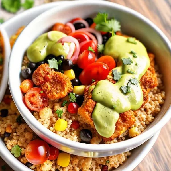 Krispig kyckling bowl med quinoa och avokadodressing - enkelt recept från MatVeckan