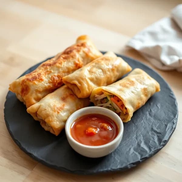 Krispiga thailändska vårrullar med het chilisås - enkelt recept från MatVeckan