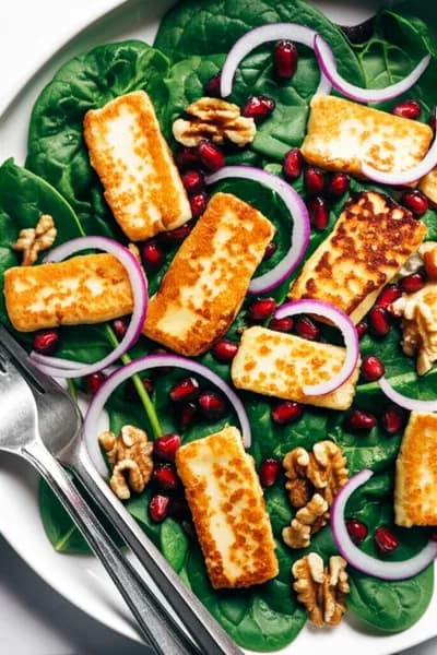 Spenatsallad med halloumi och granatäpple - enkelt recept från MatVeckan