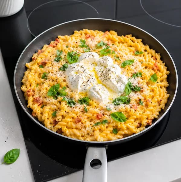 Krämig pasta med pancetta, chorizo och soltorkade tomater - enkelt recept från MatVeckan