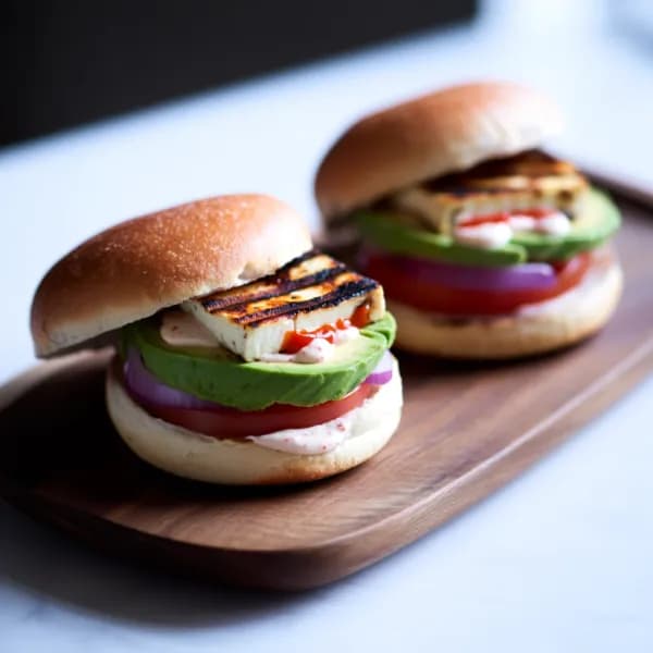 Grillad halloumiburgare med avokado och srirachamajonnäs - enkelt recept från MatVeckan