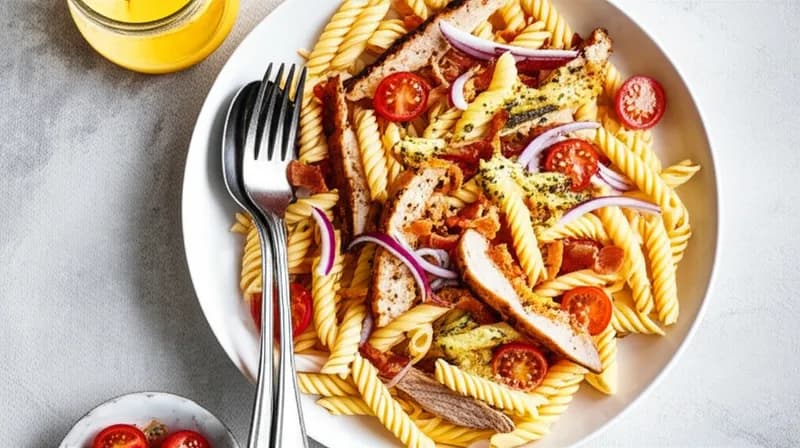 Rustik pastasallad med kyckling och senapsdressing - enkelt recept från MatVeckan