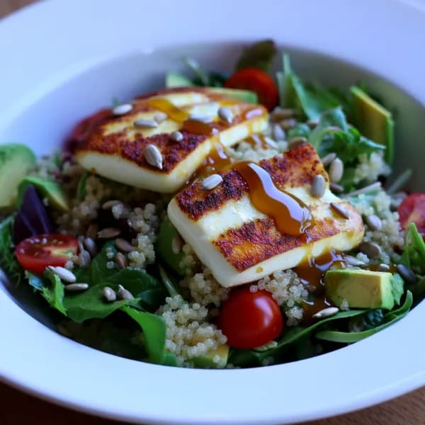 Halloumisallad med quinoa och honungsdressing - enkelt recept från MatVeckan