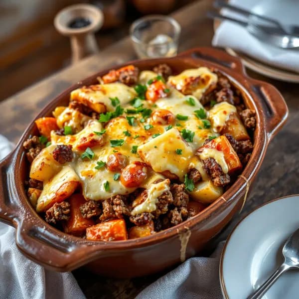 Mustig köttfärsgratäng med ugnsrostade rotfrukter och örter - enkelt recept från MatVeckan