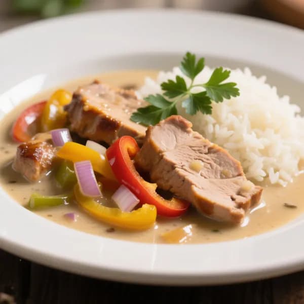 Krämig fläskfilégryta med paprika och lök - enkelt recept från MatVeckan