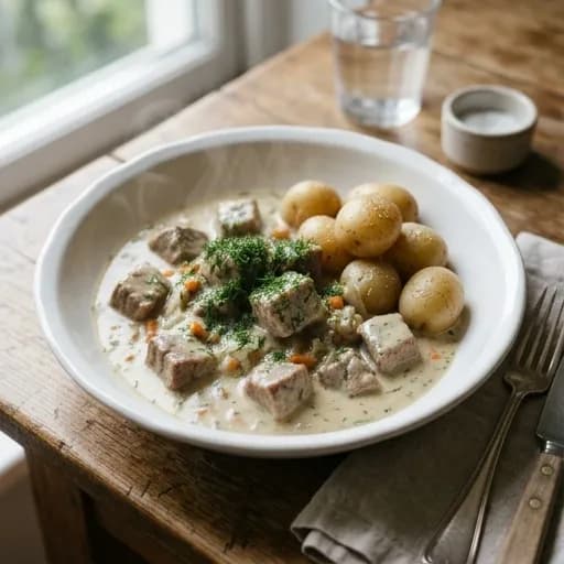 Klassisk dillköttgryta med nykokt potatis - enkelt recept från MatVeckan