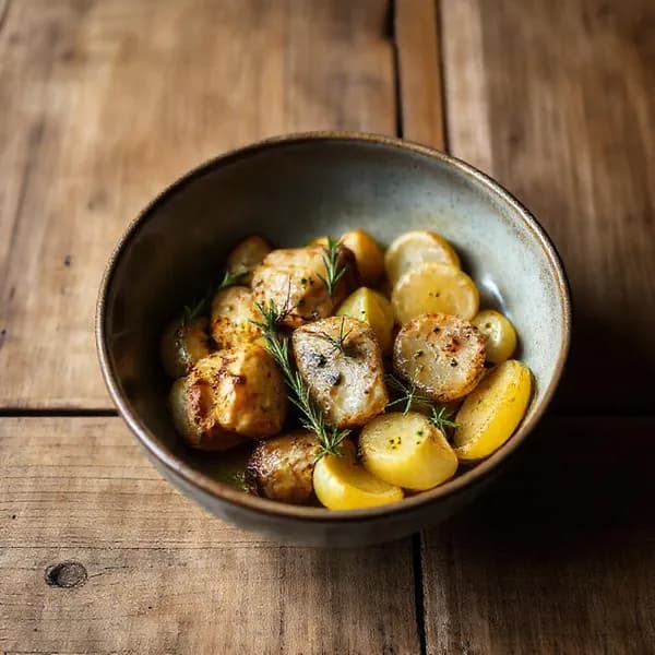 Vardagskyckling med krispig potatis och örtsås - enkelt recept från MatVeckan