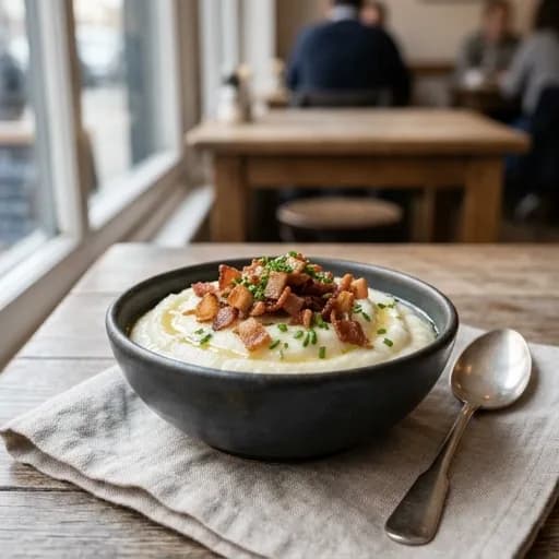 Lyxigt blomkålsmos med tryffelolja och knaperstekt bacon - enkelt recept från MatVeckan