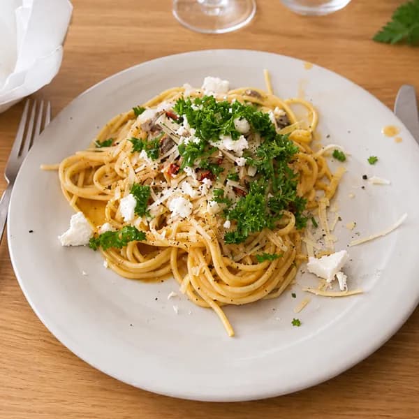 Lyxig pasta med finstrimlad oxfilé, fetaost och soltorkade tomater - enkelt recept från MatVeckan